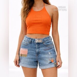 Urban Outfitters Patchwork Embroidered Denim Shorts Size 25 High Rise  Boho